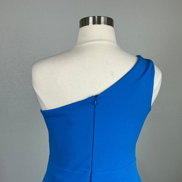 XSCAPE One Shoulder Ruffled High Low Sheath Cocktail Dress Blue Size 16 - Picture 9 of 13